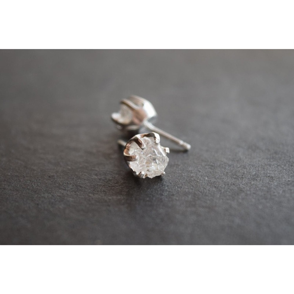 Sterling silver stud earrings, alternative diamond, uncut natural gemsto…